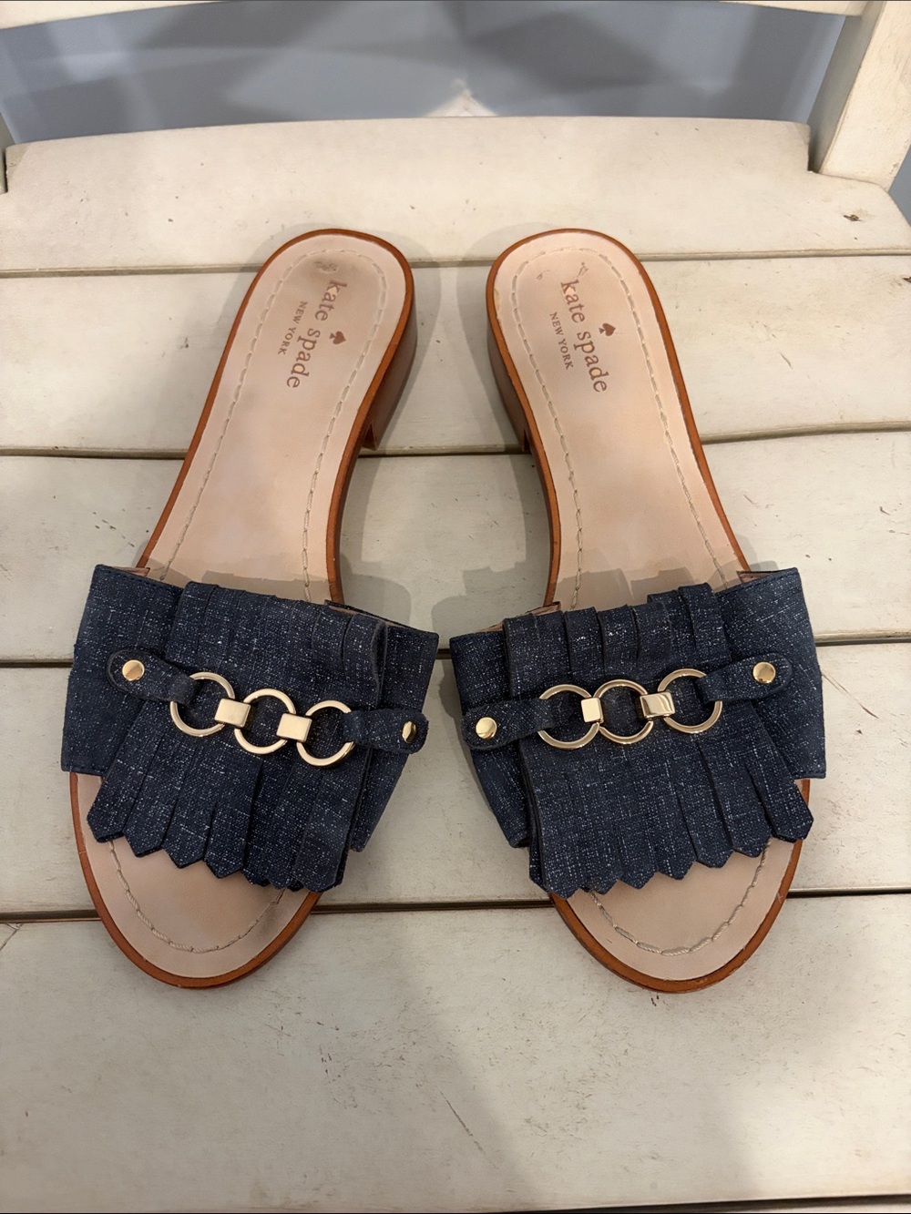 kate spade Brie Navy Dark wash Denim Fringe Slide Sandals with Gold Chain